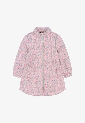 Chaqueta infantil de color rosa claro con estampado floral, cremallera frontal, puños elásticos y dos bolsillos laterales sobre fondo blanco.