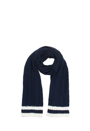 Sciarpa lavorata a maglia blu navy con un motivo a treccia, con strisce bianche e blu navy in contrasto su entrambe le estremità, texture morbida e forma allungata.