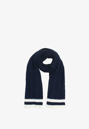Sciarpa lavorata a maglia blu navy con un motivo a treccia, con strisce bianche e blu navy in contrasto su entrambe le estremità, texture morbida e forma allungata.