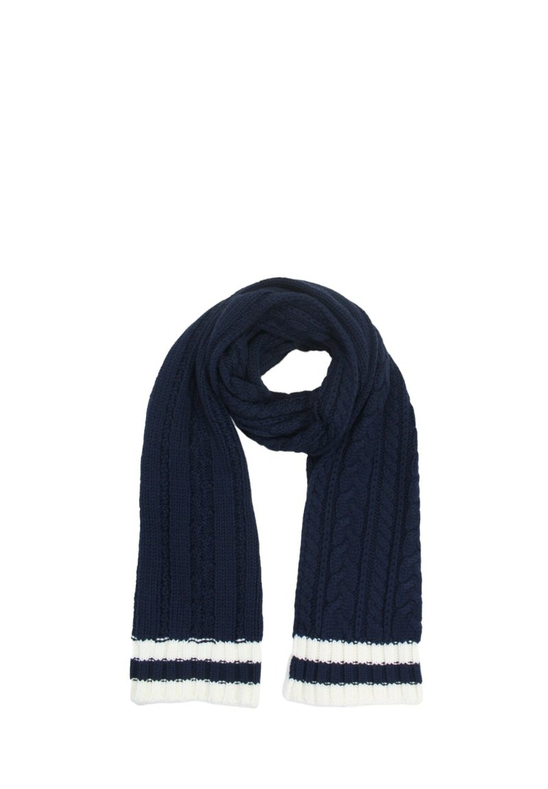 Sciarpa lavorata a maglia blu navy con un motivo a treccia, con strisce bianche e blu navy in contrasto su entrambe le estremità, texture morbida e forma allungata.