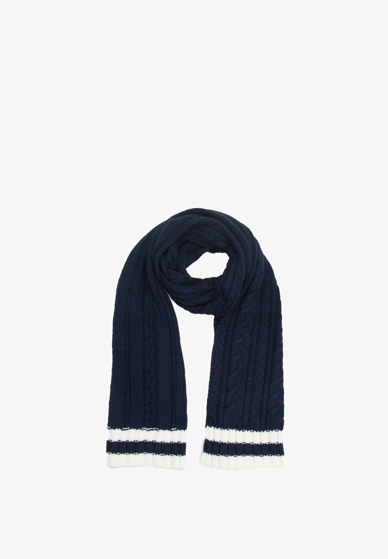 Sciarpa lavorata a maglia blu navy con un motivo a treccia, con strisce bianche e blu navy in contrasto su entrambe le estremità, texture morbida e forma allungata.