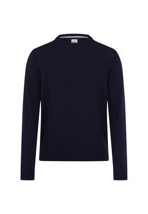 Dunkelblaues Langarm-Sweatshirt mit Rundhalsausschnitt, aus weichem Strickstoff. Verfügt über gerippte Bündchen und Saum, mit glatter Textur und minimalistischem Design.