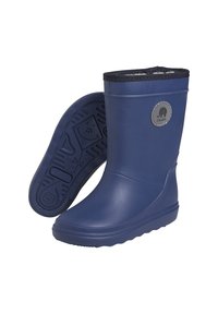Bottes de pluie en caoutchouc marine avec une semelle texturée, un embout rond et un accent textile noir en haut. Présente un logo circulaire sur le côté.