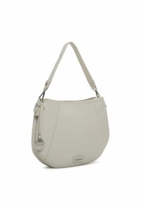 Light gray leather handbag with a curved shape, short shoulder strap, and a small round tag attached. Textured surface with subtle stitching details.