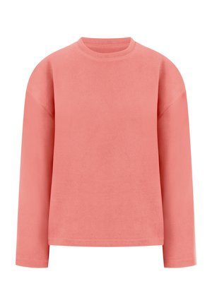 Suéter de cuello redondo de manga larga en color rosa coral con un ajuste relajado y tela de punto lisa y suave.