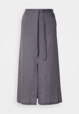 Gray linen midi skirt with a front slit, waist tie, and a smooth texture, featuring a simple design and straight cut.