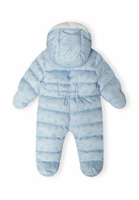 Lichtblauwe gewatteerde sneeuwpak met capuchon, met een geometrisch driehoekpatroon. De stof heeft een gladde textuur en een elastische taille voor een goede pasvorm.
