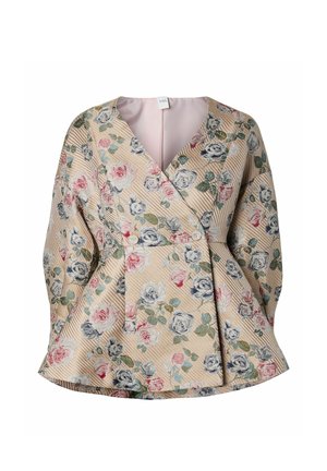 Garām piedurknēm bēša ziedu jaka ar rozā, baltām un zilām rozēm, V-veida izgriezumu, dubultpogojumu un viegli izplatītu apakšu.