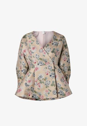 Garām piedurknēm bēša ziedu jaka ar rozā, baltām un zilām rozēm, V-veida izgriezumu, dubultpogojumu un viegli izplatītu apakšu.