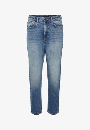 Lichtblauwe denim jeans met taps toelopende pijpen, een ontwerp met vijf zakken en een subtiel verweerd patroon. Afgewerkt met stikaccenten en een knoopsluiting.