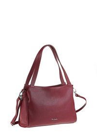 Borsa a tracolla in pelle rossa con finitura testurizzata, doppi manici, tracolla rimovibile e un piccolo logo sul davanti.