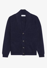 Navy ribbed cardigan with a deep V-neck, five silver button closures, and two front pockets. Made from soft, textured fabric.
