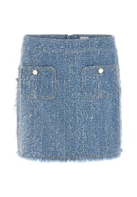 Mini gonna di jeans in tessuto blu testurizzato, con due tasche frontali dotate di dettagli in metallo argentato e orlo sfrangiato. Design semplice e strutturato.