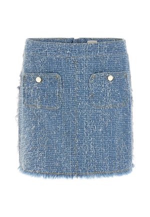 Mini gonna di jeans in tessuto blu testurizzato, con due tasche frontali dotate di dettagli in metallo argentato e orlo sfrangiato. Design semplice e strutturato.