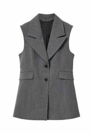 Ærmeløs grå blazer med brede revers, to sorte knapper og to forlommer med klapper, foret med sort stof indvendigt.