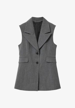 Bezrekawnikowy szary żakiet z szerokimi klapami, dwoma czarnymi guzikami i dwoma przednimi kieszeniami z patką, podszyty czarną tkaniną od wewnątrz.