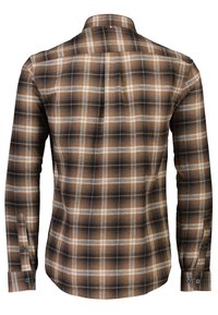 Braun und schwarz karierter Button-Down-Hemd mit langen Ärmeln, ausgestattet mit einem spitzen Kragen und Manschetten, aus einem weichen Stoff gefertigt.