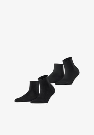 Paar schwarze Knöchelsocken mit glatter Oberfläche und dezentem Blumenmuster, dargestellt in zwei seitlichen Ansichten gegen weißen Hintergrund.