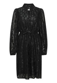 Rochie neagră până la mijloc din material transparent, cu un model leopard, guler înalt, manșoane lungi din material puff și detaliu cu cordon la talie.