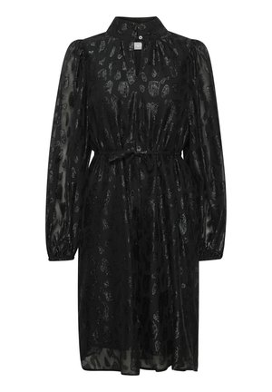 Schwarzes Midikleid aus transparenter Stoff, das mit einem Leopardenmuster, hohem Kragen, langen Puffärmeln und einem Bindegürtel ausgestattet ist.