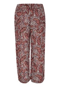 Pantalons fluides, longueur cheville, en tissu à motif avec un design cachemire maron, rose et blanc, dotés d'une taille élastique pour le confort.