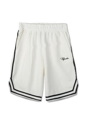 White athletic shorts with black side and bottom stripes, elastic waistband, side pockets, and "Pegador" logo on the left leg.