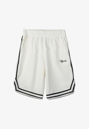 Witte sportshorts met zwarte strepen aan de zijkant en onderkant, elastische tailleband, zijzakken en het "Pegador"-logo op het linkerbeen.