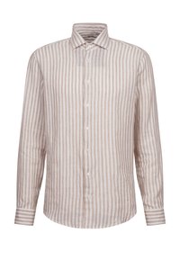 Camicia a maniche lunghe di un beige chiaro con righe verticali bianche, chiusura con bottoni sul davanti e polsini con dettagli a righe. Tessuto in lino testurizzato.