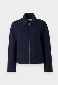 Giacca blu navy realizzata in tessuto testurizzato. Presenta una chiusura frontale con zip, un colletto e cuciture sartoriali per un fit strutturato.