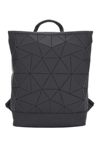Black backpack made of textured material featuring a geometric triangular pattern. Has a top handle and adjustable shoulder straps.