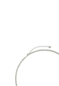 Collana in metallo argento con un design a catena collegata, dotata di una chiusura e di una catena di estensione regolabile per la personalizzazione della misura.