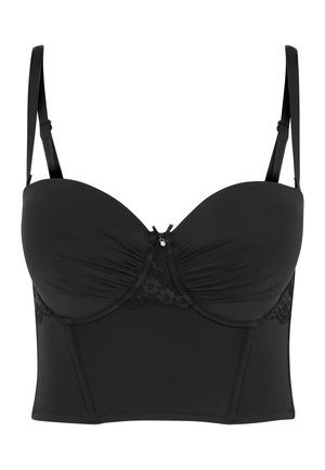 Black padded bustier with lace detailing, adjustable straps, and a front hook closure. Smooth fabric with a structured shape for support.