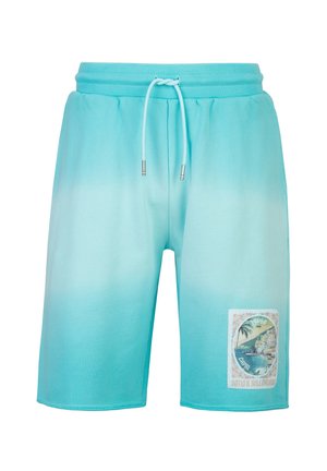 Hellblaue Shorts mit Farbverlauf, Kordelzug an der Taille und einem bunten Küstenstadtmotiv auf dem unteren rechten Bein.