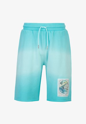 Lichtblauwe gradient shorts met een trekkoord in de taille en een kleurrijke patch van een kuststadje op het rechteronderbeen.