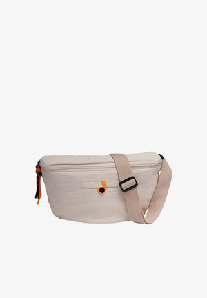 Banane en tissu beige avec curseur de fermeture éclair orange, petite poche avant et sangle beige réglable avec boucle noire.