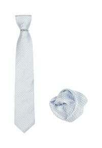 Himmelblauer Krawatte und passender Einstecktuch, die ein strukturiertes Muster mit kleinen Rauten zeigen. Aus Seidenmaterial mit glatter Oberfläche.