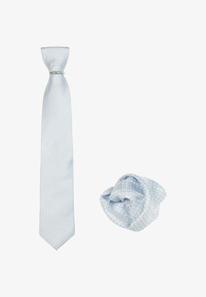 Lichtblauwe stropdas en bijpassend pochet, met een gestructureerd patroon van kleine diamanten. Zijden materiaal met een gladde afwerking.