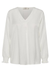 White long-sleeve blouse with a V-neck, featuring a smooth texture and elastic ruched cuffs. Simple, loose fit with a subtle sheen.