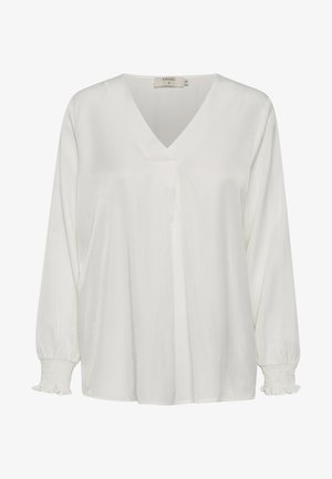 Bela bluza z dolgimi rokavi in V-izrezom, ki ima gladko teksturo in elastične nabrane manšete. Enostaven, ohlapen kroj z rahlim sijajem.