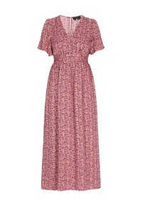 Bloemen midi-jurk in het roze met korte mouwen, v-hals, een geraffineerde taille en een vloeiende rok met verspreide donkere bloemenpatronen.