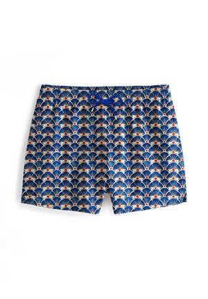 Swimming shorts in navy blue featuring a repeating fan pattern in cream and red. Designed with an elastic waistband and blue drawstring.