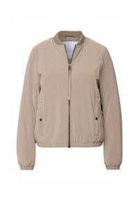 Blouson beige en nylon lisse, avec fermeture éclair à l'avant, col et poignets côtelés, et poches latérales. Design simple et minimaliste.