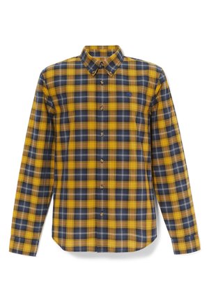 Camicia a maniche lunghe con bottoni, motivo a quadri giallo, blu navy e bianco, collo abbottonato e piccolo logo sul petto.