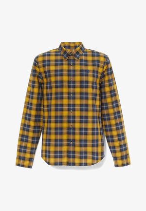 Camicia a maniche lunghe con bottoni, motivo a quadri giallo, blu navy e bianco, collo abbottonato e piccolo logo sul petto.