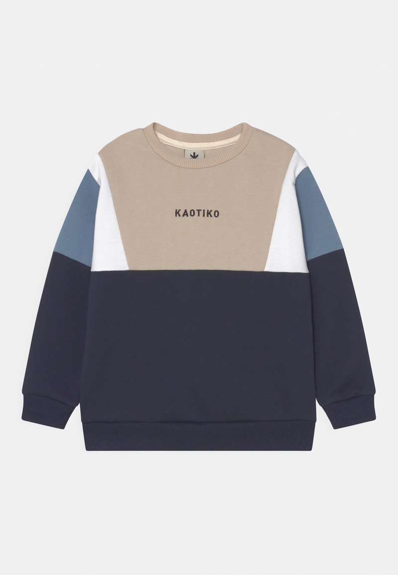 Cotton sweatshirt with a crew neckline. Color-blocked design in beige, white, light blue, and navy. Features "KAOTIKO" logo on the front.