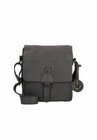 Borsa a tracolla in pelle grigia con pattina pieghevole, tracolla regolabile e charm a tema ancora. Presenta cuciture e dettagli in metallo.