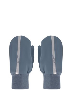 Coppia di muffole blu con polsini grigi, strisce riflettenti verticali e logo CeLaVi sul dorso di ogni muffola, viste dall'alto.