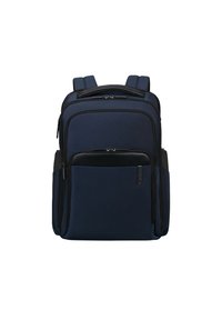 Zaino blu navy realizzato in tessuto testurizzato, dotato di diversi scomparti con cerniera, spallacci imbottiti e una maniglia superiore.