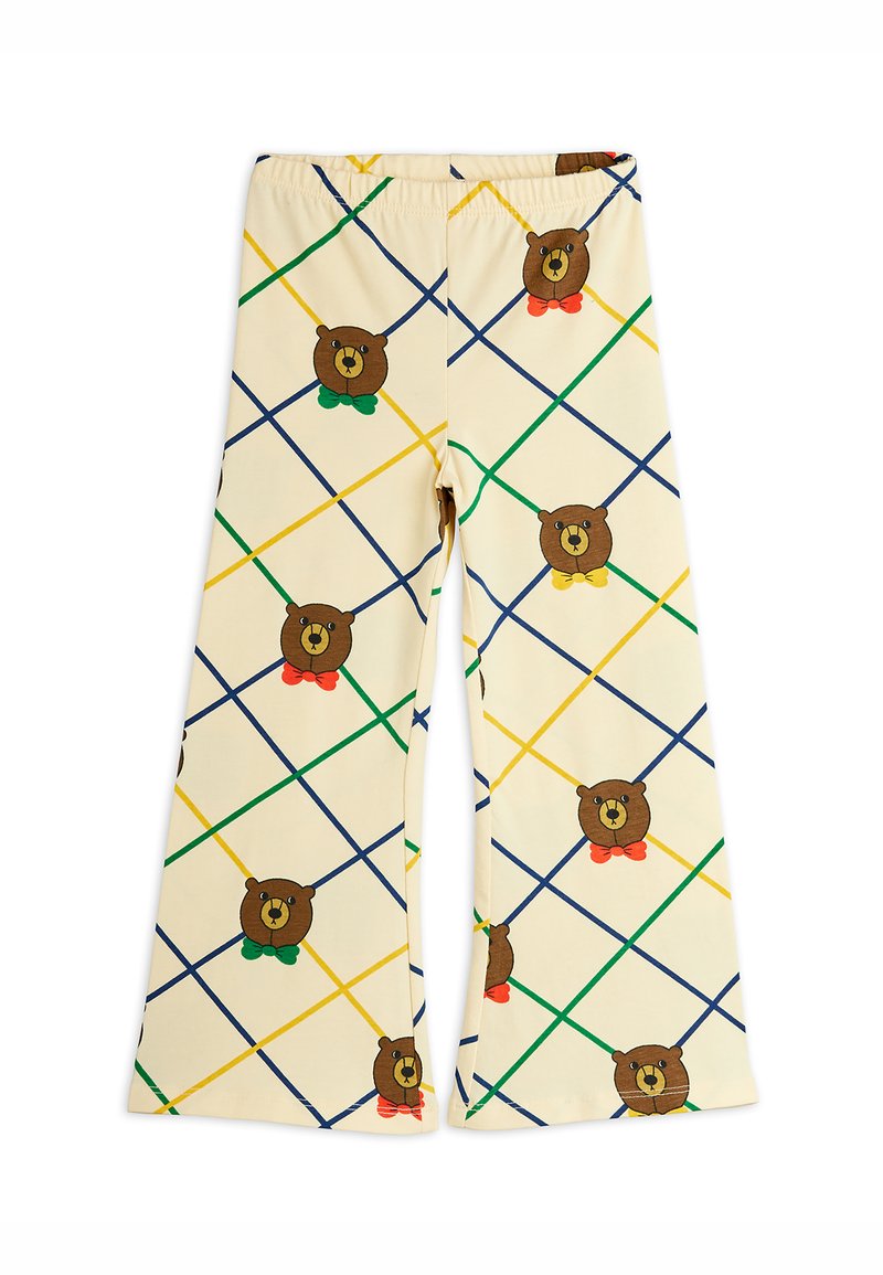 Pantalones de mezcla de algodón con una cintura elástica, que presentan un fondo crema y un patrón de osos marrones y líneas diagonales de colores.