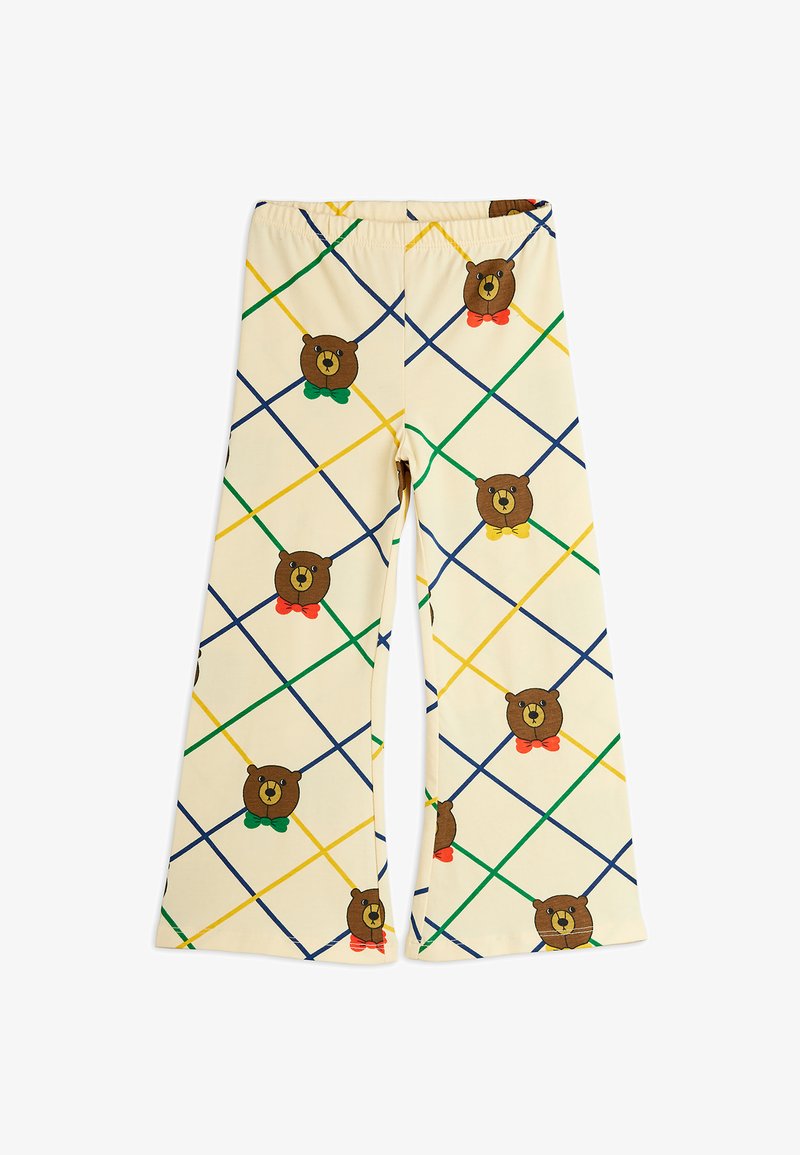 Pantalones de mezcla de algodón con una cintura elástica, que presentan un fondo crema y un patrón de osos marrones y líneas diagonales de colores.